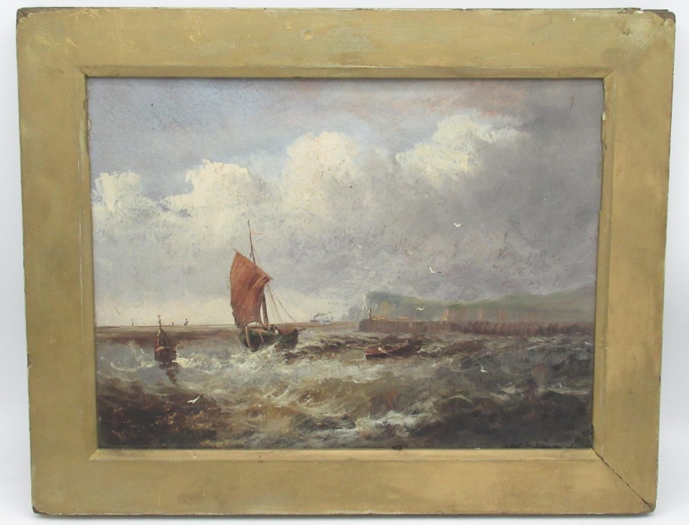 W.Wills (British C19th); Fishing boats off the coast in a heavy swell, steamer beyond, oil on panel,