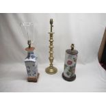 Brass candlesticks converted to lamp, blue and white vase converted to a lamp and an oriental