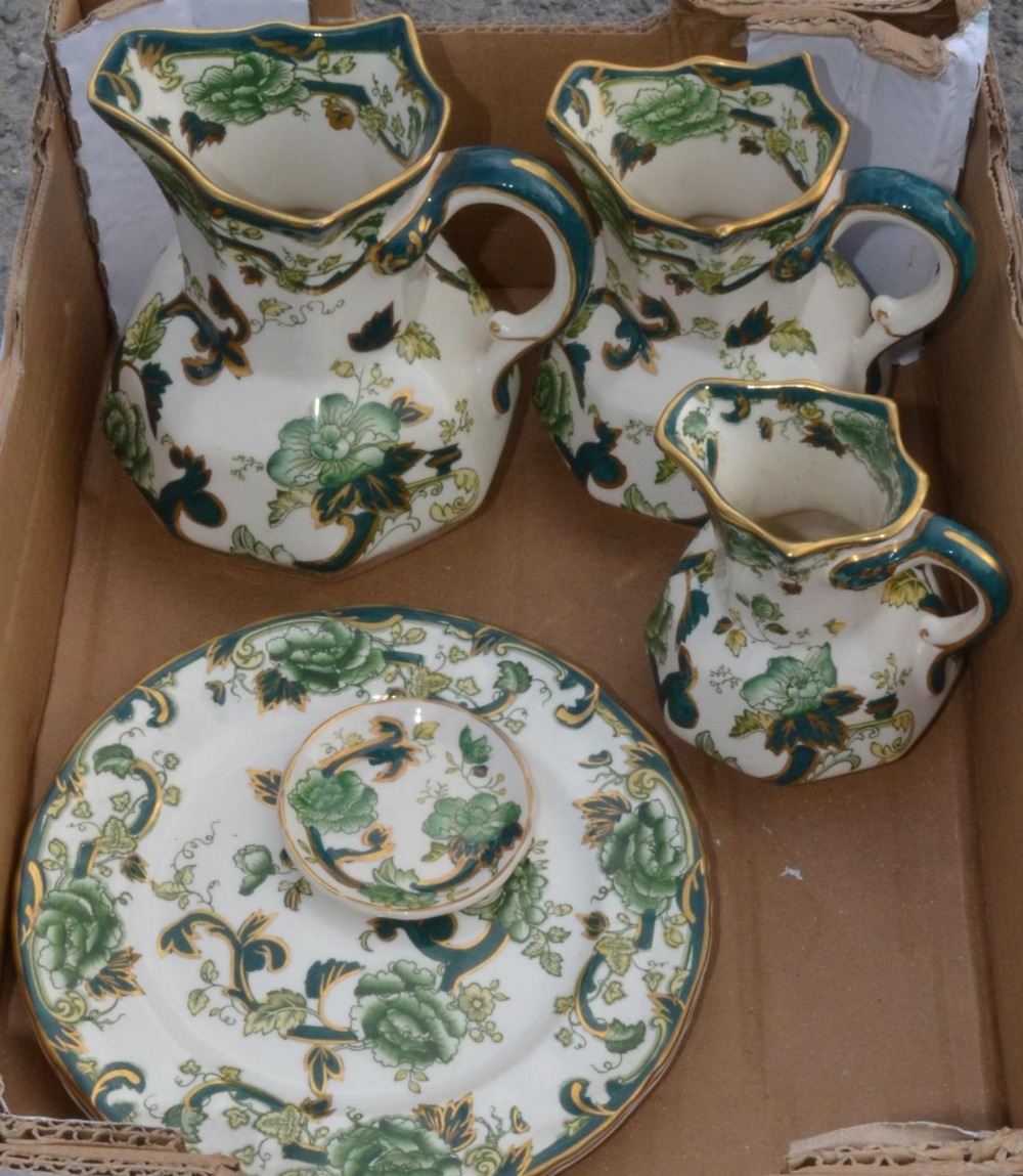 Graduated set of three Mason's chartreuse pattern hydra type jugs, three similar plates and a