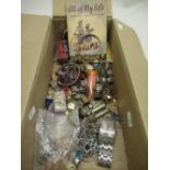 Collection of various costume jewellery, watches, badges, thimbles, pins etc.