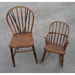 C19th childs ash & elm hoop and stick back rocking chair, similar C19th ash & elm dining chair (2)