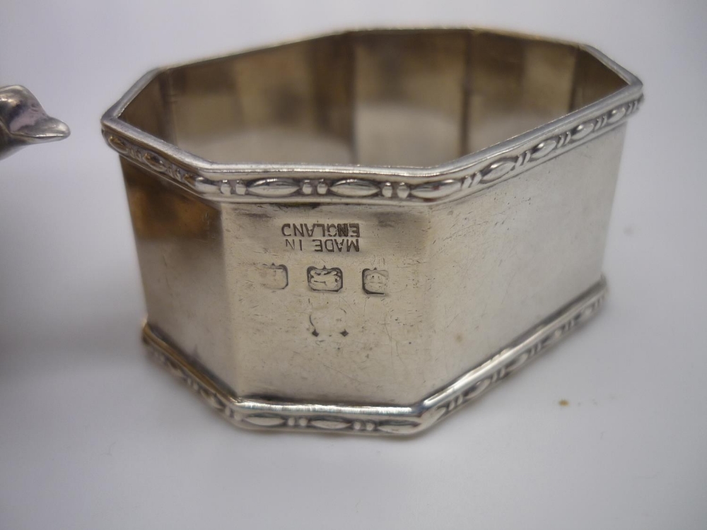 Geo.V hallmarked silver sparrow beak cream jug, Birmingham 1938 and an octagonal napkin ring, - Image 2 of 3