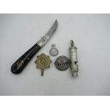 J.Hudson and Co Whistle dated 1940,George Wostenholm I.XL Pruning Knife, Royal Observer Corps Pin,