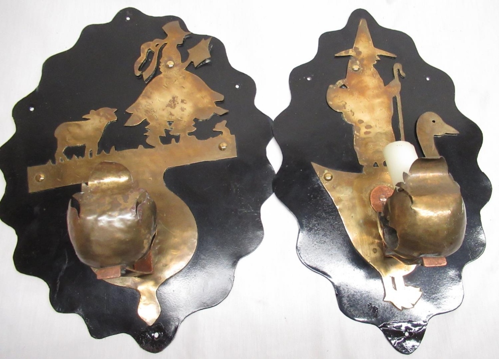 Pair of C20th Folk Art Little Bo Peep and Mother Goose brass wall sconces, silhouette cut out with