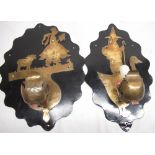 Pair of C20th Folk Art Little Bo Peep and Mother Goose brass wall sconces, silhouette cut out with