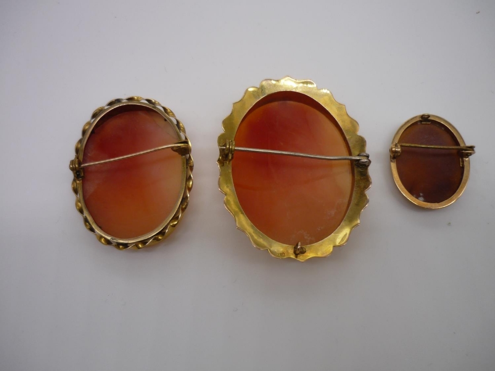 Three 9ct gold hallmarked oval Cameo brooches, 5cm max (3) - Image 2 of 2
