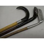 Early C20th Sunday stick with horned foot & leaded weight. L81cm, Ben Sayers "Bemmy" golf club