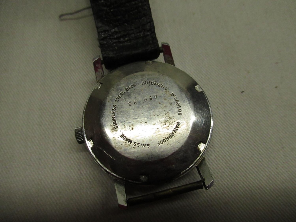 Transglobe automatic wristwatch with date indicator, chrome plated case on black leather strap screw - Image 2 of 2