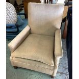 Beige Tweed style upholstered armchair with lift off seat cushion in square tapering supports with