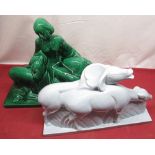 Polbert, France Art Deco style figure of a young woman and antelope, green glaze W53cm D20cm