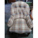 Victorian deep button back armchair on carved cabriole supports in reupholstered checked fabric