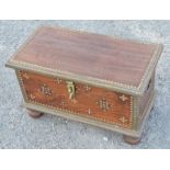 Small brass banded Eastern hardwood blanket box, hinged lid with candle box on bun feet, with nailed