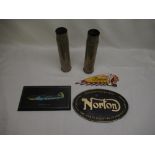 Norton & Indian motorcycle cast metal signs, two large shells, plaque of a Messerschmitt BF109E-4