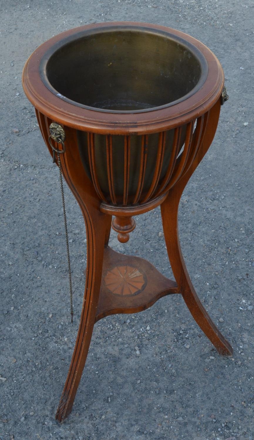 Sheraton style jardinaire, with open work top with brass liner on three square outsplayed supports