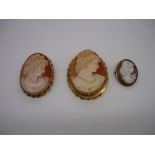 Three 9ct gold hallmarked oval Cameo brooches, 5cm max (3)