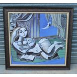 Pablo Picasso colour print, study of a nude female reading a book, 81cm x 86cm