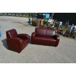 Art Deco style two seater sofa and similar armchair upholstered in brown leatherette. W145cm D83cm