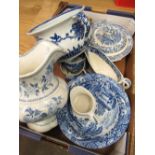 Early C20th Flora pattern blue & white printware toilet jug H28cm, a chamber pot and small