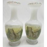 Pair of C19th Richardson opaline glass vases, bottle shaped bodies enamel decorated with a views