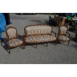 Louis XV style salon suite, comprising three seater sofa with carved frame and nailed upholstered