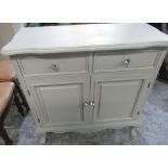 Modern painted grey wooden side cabinet of two short drawers above two cupboard doors, with diamanté