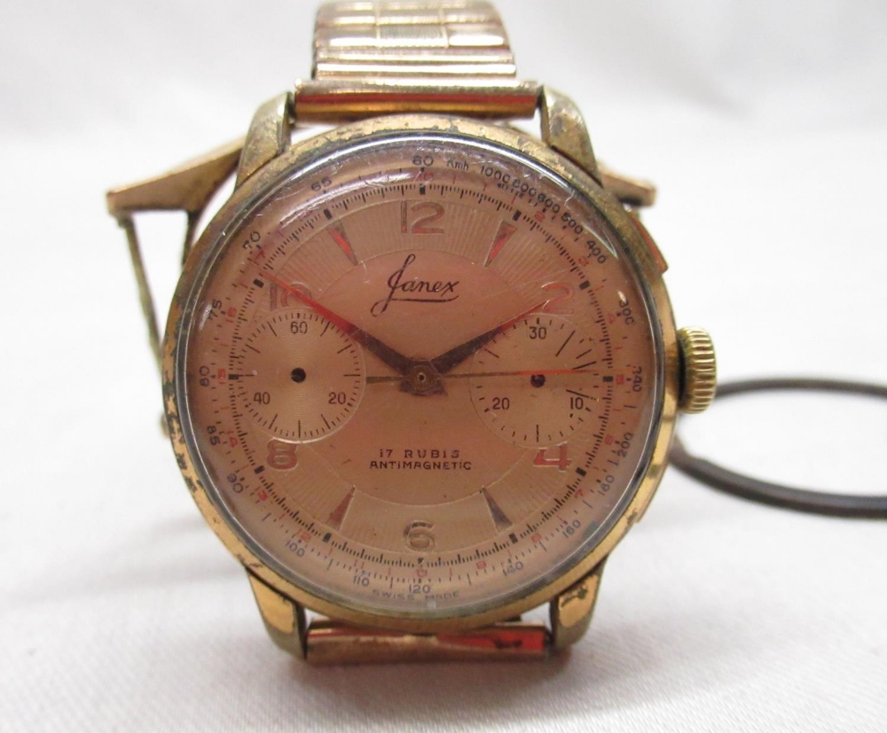 1950 Janex hand wound conograph wrist watch gold plated case on everflex bracelet, 9ct gold - Image 3 of 3