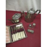 Georgian style Walker and Hall pewter coffee pot and a matching tea pot, small crystal rectangular