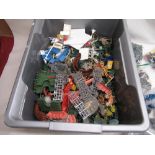 Large collection of assorted toy soldiers, animals, fencing & racing parts and a small tin of