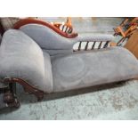 Victorian mahogany framed chaise longue with scroll and baluster turned raised back on tuned