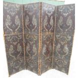 Victorian three fold screen, the four brass nailed panels painted with renaissance scroll work,