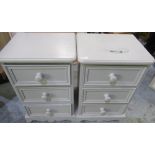 Pair of solid pine painted grey bedside chests of three drawers with turned handles D37cm, W45cm,