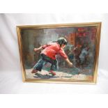 Acrylic oil of a Chinese girl playing in the street signed CK Ham