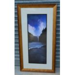 Colour photographic study of a waterfall, 85cm x 31cm in gold cloud effect frame