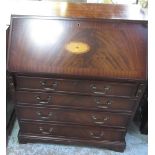 George III style mahogany bureau with sloped fall front above four long graduated cock beaded