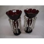 Pair of C19th Bohemian ruby lustre vases hung with faceted cut glass drops, H33
