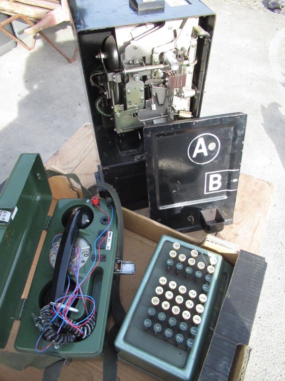 1950's GPO payphone "A&B" black painted coin box, BT 704B engineers testing phone, post WWII Bowl