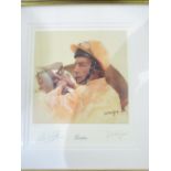 Limited edition print No 1186/1500 of Chamion jockey Lester Piggott and the artist SL Crawford