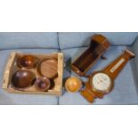 C19th mahogany dolls crib, Short and Mason barometer/thermometer, four turned wooden bowls