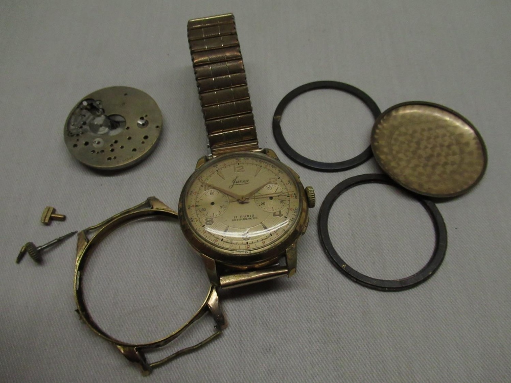 1950 Janex hand wound conograph wrist watch gold plated case on everflex bracelet, 9ct gold