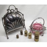 Ornate silver plated folding muffin dish, a silver plated & glass bonbon dish, various brass weights