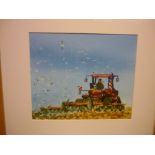 English School (Contemporary): Tractor ploughing field followed by seagulls, watercolour, 52cm x