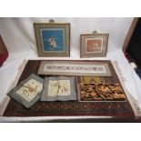 Collection of silk wall hangings, three framed and two loose, a craved wood image of birds and two