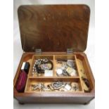 1940's oak jewellery box containing costume, cufflinks, tie pins, bracelets, British and foreign