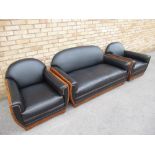 Art deco Italian walnut framed three piece suite comprising of a two seater sofa and a pair of