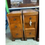 Pair of stained oak bedside chests of three drawers on square pad feet with carved details W31cm