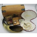 Wooden jewellery casket with metal banded corners, a Cameo brooch with Grecian figure, a gilded
