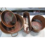 Collection of copper items including two handled wash bowl, and three similar twin handled