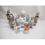 Large oriental figure of five children, two staffordshire type figures, two Lladro figures, two