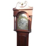 Early C19th mahogany long cased clock, swan necked pediment with ball and spire finial, arched brass