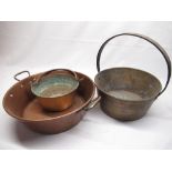 Early C20th brass jam pan with wrought iron riveted handle D27cm, early C20th brass jam pan with